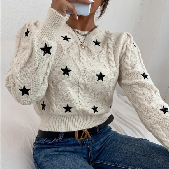 Sweaters - Star sweater cable knit womens cream white top long sleeve